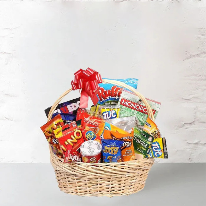 Playful Hamper For Diwali Basket of Chocolates and Games with Long Carry Handles, Natural