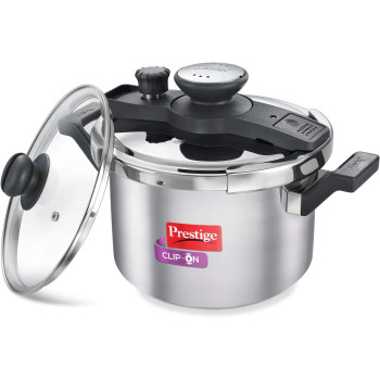 Prestige 25645 Clip On Pressure Cooker, Cook and Serve Pot with Extra Glass Lid, Silver, W 34.8 x H 29.8 x D 27.4 cm, Large 5 Liters, Stainless Steel