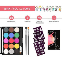 Brain Giggles Face Paint Kit Professional Body Face 15 Colors 2 Brush and 40 Stencils for Halloween
