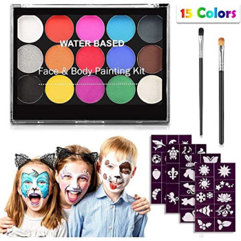 Brain Giggles Face Paint Kit Professional Body Face 15 Colors 2 Brush and 40 Stencils for Halloween