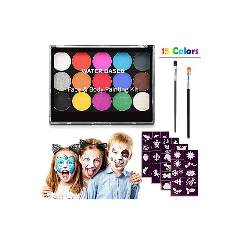 Brain Giggles Face Paint Kit Professional Body Face 15 Colors 2 Brush and 40 Stencils for Halloween