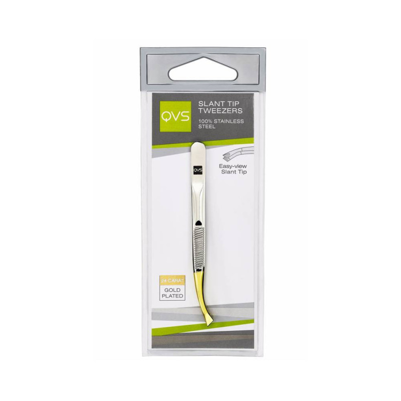 Qvs Slant Tip Tweezer Easy View Gold Plated