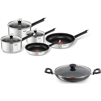 Tefal Emotion 8 Piece Cooking Set Stainless Steel E823S524 And Tefal Delicia 24 Cm Kadai With Lid B1549684 Multi Color