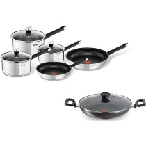 Tefal Emotion 8 Piece Cooking Set Stainless Steel E823S524 And Tefal Delicia 24 Cm Kadai With Lid B1549684 Multi Color
