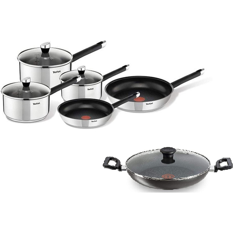 Tefal Emotion 8 Piece Cooking Set Stainless Steel E823S524 And Tefal Delicia 24 Cm Kadai With Lid B1549684 Multi Color