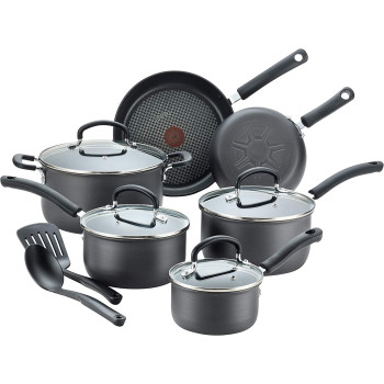 T Fal Ultimate Hard Anodized Nonstick 12 Piece Cookware Set Dishwasher Safe Pots And Pans Set Black