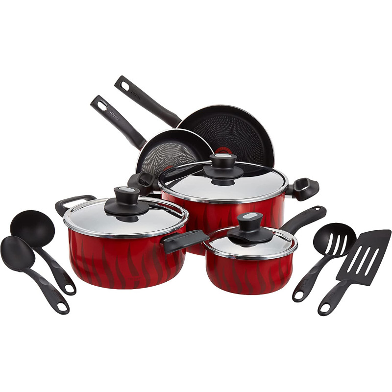 Tefal C5489482 12Pieces Non Stick Coating Cooking Set Red Black W 59.4 X H 38.8 X D 23.8 Cm Aluminium