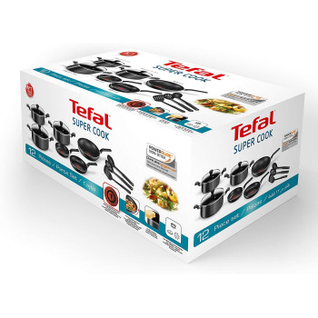 Tefal Super Cook Non Stick 12 Pcs Cooking Set Black Aluminium B143Sc86