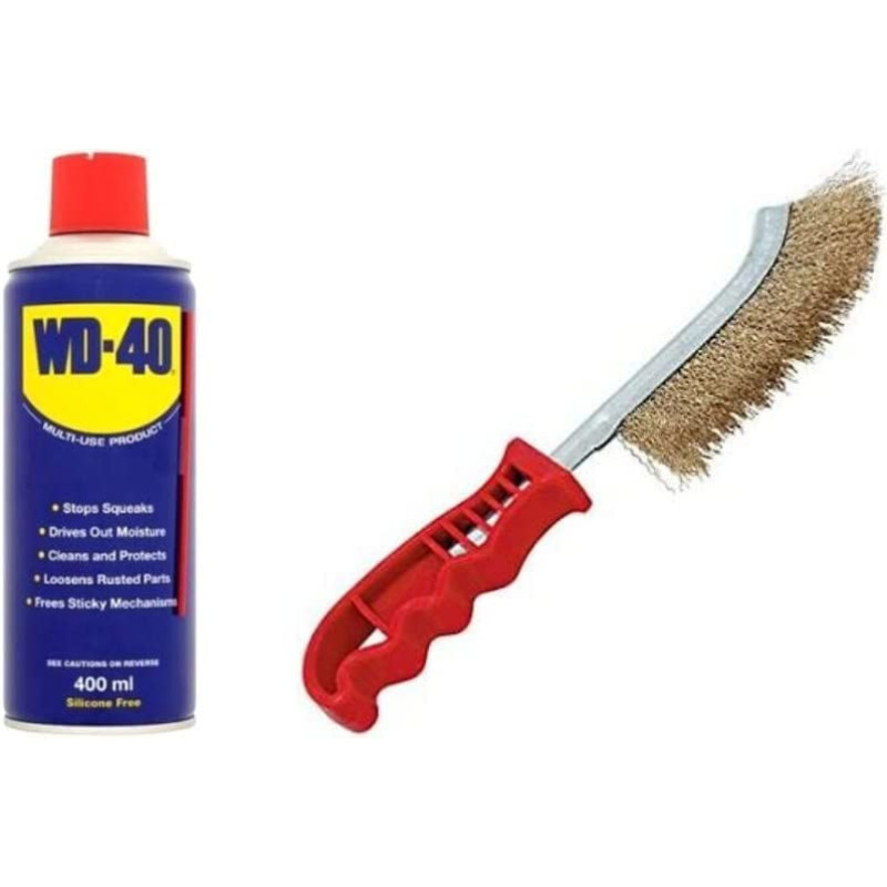 Abbasali Steel Coated Hand Brush Wire Brush With Pvc Handle For Cleaning Rust & Slag Gold With Wd 40 Multi Use Product Spray