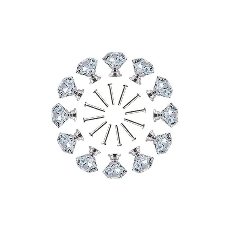 Abbasali 12Pcs Clear Crystal Glass Diamond Shape Door Knob Drawer Pull Handle