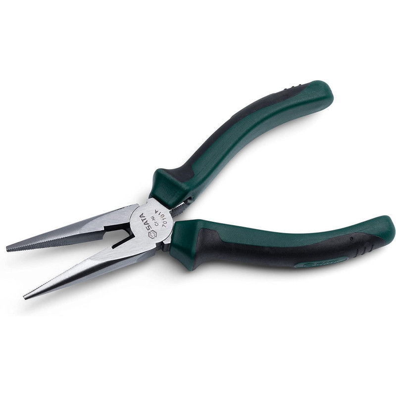 Sata 6 Long Needle Nose Side Cutting Pliers With Nickel Chrome Steel Body And Green Anti Slip Handles St70101Ast