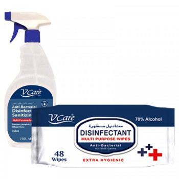 VCare AntiBacterial Disinfectant Spray 750ml Wipes 48pcs