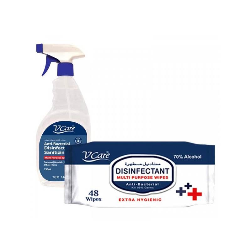 VCare AntiBacterial Disinfectant Spray 750ml Wipes 48pcs