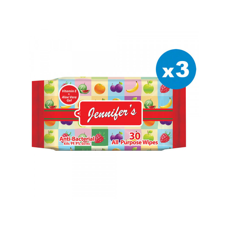 Jennifers Fruity Anti Bacterial Wipes 30s x3 Pack of 3