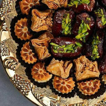 FNP Festive Feast Baklava Maamoul Stuffed Dates Individually Wrapped Belgian Milk Chocolates