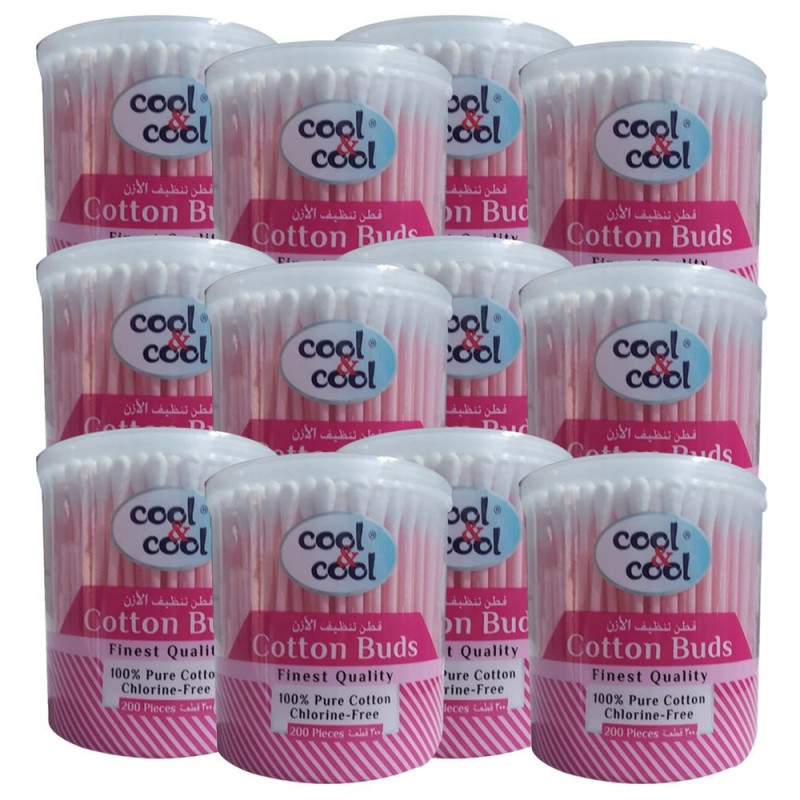Cool & Cool 200 Organic Cotton Buds Pack of 12 Pink