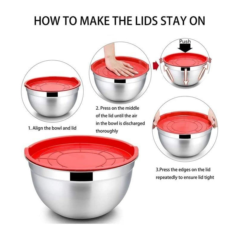 Ayda 5 Piece Salad Bowl With Cover Multicolour I 28Cm 5 Pieces Red&Silver