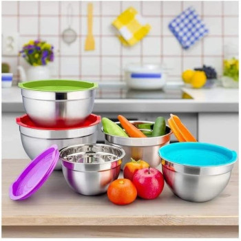 Ayda 5 Piece Salad Bowl With Cover Multicolour I 28Cm 5 Pieces Red&Silver