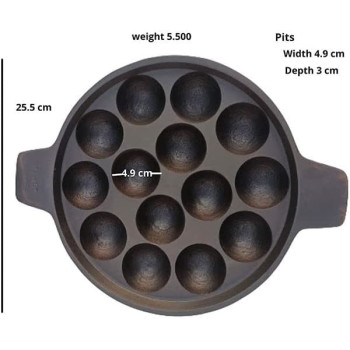 Ayda Cast Iron Traditional 14 Pits Pre Seasoned Pan Induction Friendly Smooth Finish Ponganalu Pan Kallu Chatti 10inch Black