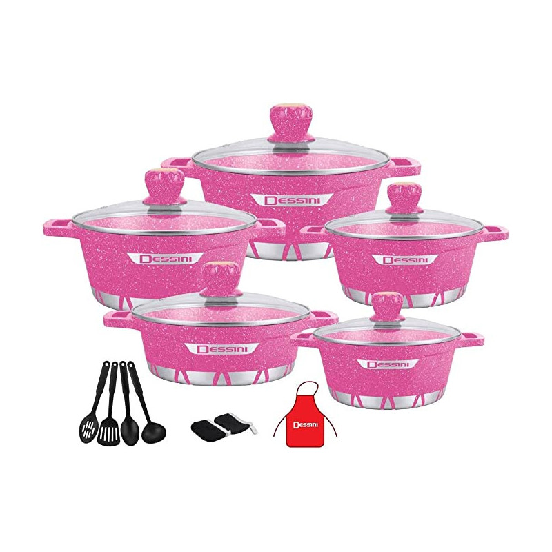 Dessini 17 Piece Die Casting Cookware Set With Lid 1X24Cm Casserole With Lid 1X28Cm Casserole With Lid Casserole Pink