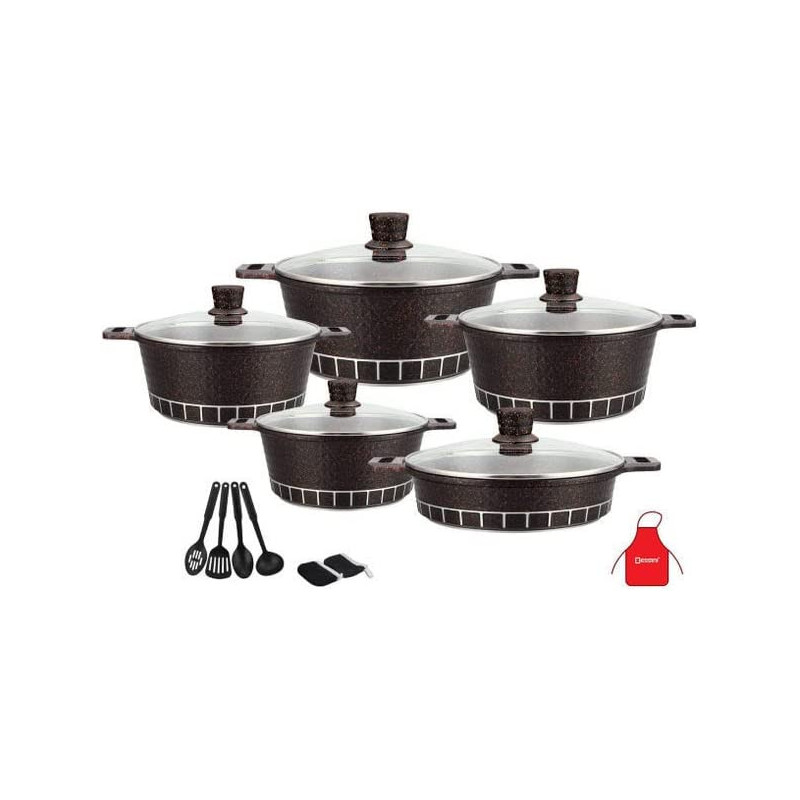 Dessini 17 Piece Granite Cookware Set Includes 1xCasserole With Lid 20cm 1xCasserole With 28cm 32cm 28cm 7xCooking Tools Black