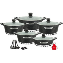 Dessini 17 Pieces Granite Cookware Set Includes Casserole With Lid 24Cm Casserole With Lid 28Cm Cooking Tools Black Clear 32Cm