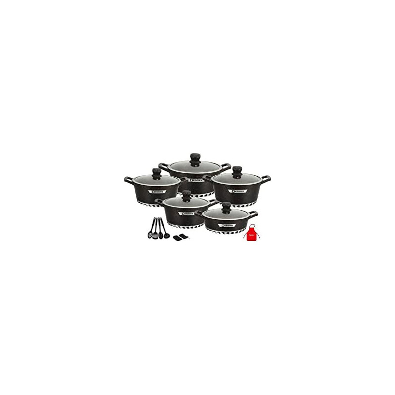 Dessini 17 Pieces Granite Cookware Set Includes Casserole With Lid 24Cm Casserole With Lid 28Cm Casserole With Lid 32Cm