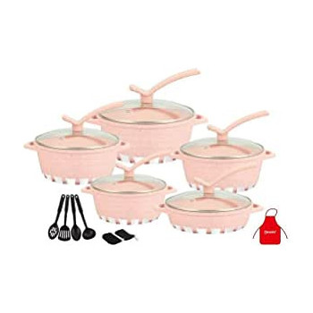 Dessini 17 Pieces Granite Cookware Set Includes Casserole With Lid 24cm Shallow Casserole 7xCooking Tools Pink Clear 32cm
