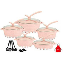 Dessini 17 Pieces Granite Cookware Set Includes Casserole With Lid 24cm Shallow Casserole 7xCooking Tools Pink Clear 32cm