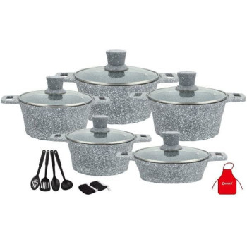 Dessini 17 Pieces Granite Cookware Set Includes Casserole With Lid 24Cm X 28Cm Shallow Casserole 7Xcooking Tools Grey