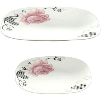 Dessini 27 Piece Floral Printed Dinner Set White Pink Black 6Xsquare Plate 11 6Xsquare 1Xspinning Square Bowl 9.5Inch