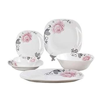 Dessini 27 Piece Floral Printed Dinner Set White Pink Black 6Xsquare Plate 11 6Xsquare 1Xspinning Square Bowl 9.5Inch