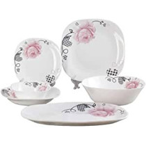 Dessini 27 Piece Floral Printed Dinner Set White Pink Black 6Xsquare Plate 11 6Xsquare 1Xspinning Square Bowl 9.5Inch