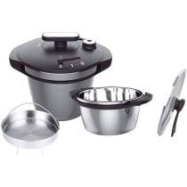 Dessini 2 Piece Pressure Cooker With Steam Basket Silver Black 5 7L