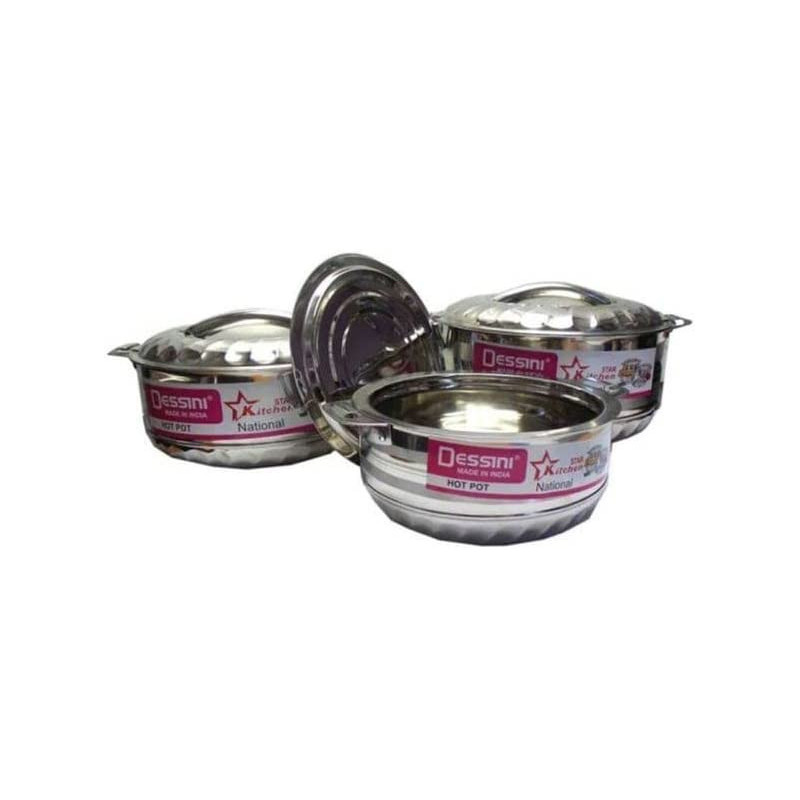 Dessini 3 Set Of Stainless Steel Hotpot Includes Large 2500ml Medium 1500ml Small Silver 1000ml