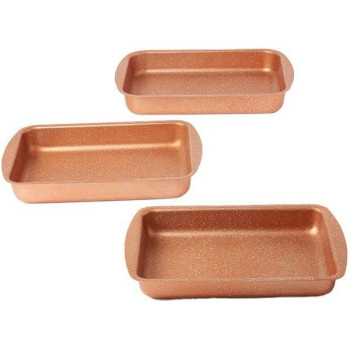 Dessini 3 Pieces Granite Square Pan Set Rose Gold Small Bakeware Pan 32X22 Medium 35X25 Large 38X28 Cm