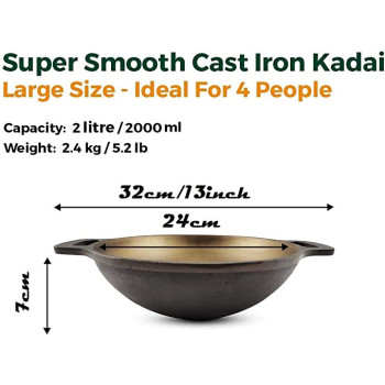 Ayda Cast Iron Kadai Kadhai Smooth Pre Seasoned Flat Bottom Kadai For Gas Stove & Induction Friendly Naturally Nonstick 2.5 Kg Black