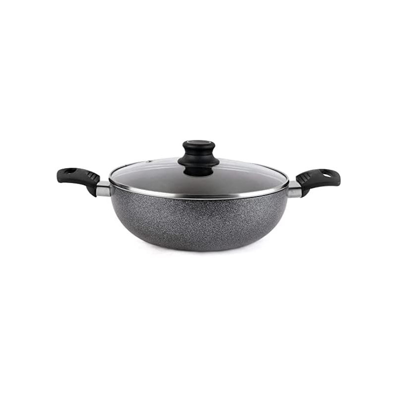 Mithra Non-Stick Kadai With Lid 3Mm Thick With 3 Layer Coating Black/Grey/Silver 28Cm