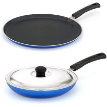 Mithra 2-Piece Non-Stick Cookware Tawa And Fry Pan Combo Set, Blue/Silver/Black, 26Cm