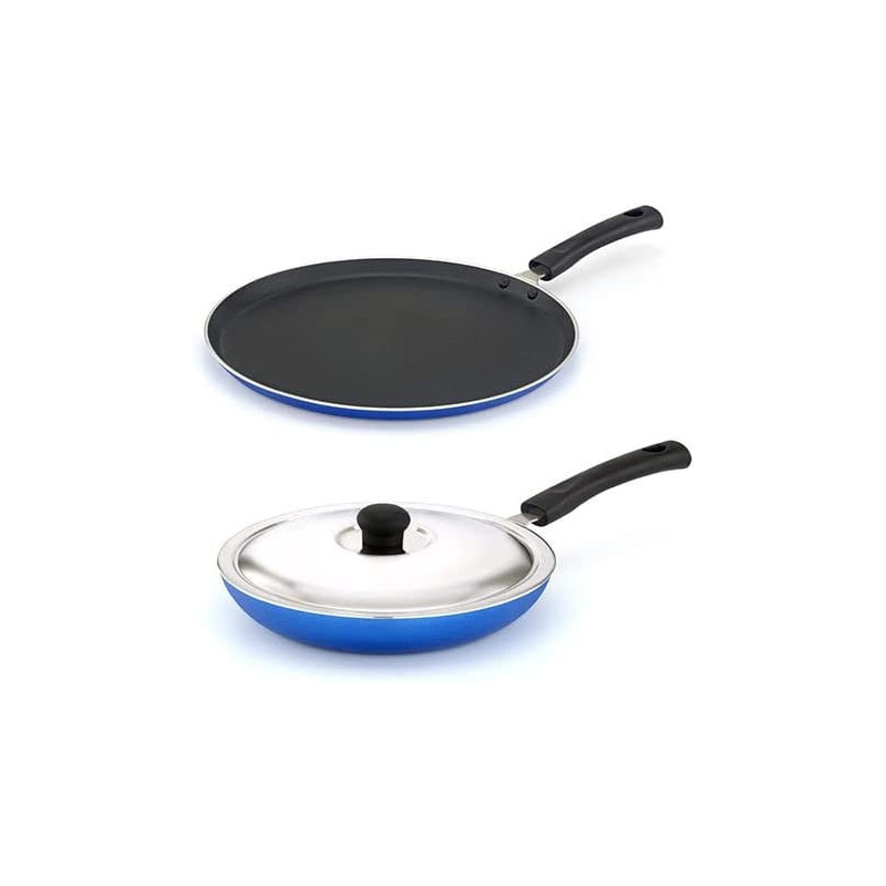 Mithra 2-Piece Non-Stick Cookware Tawa And Fry Pan Combo Set, Blue/Silver/Black, 26Cm