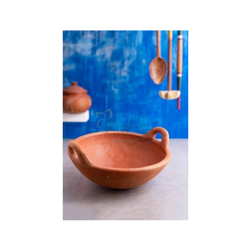 Taj Handmade Earthen Clay Kadai Pot Clay Chatti Wok Natural Cookware Serving Pot Made By Indian Artisan 24Cm Red