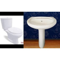 Abbasali Wc Toilet With Complete Fittings & Ceramic Wash Basin With Padestal Big Size With Complete Fitting For Bathroom