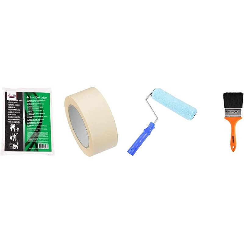 Abbasali 1Pc Polythene Sheet1 Roll Masking Tape 21 Pc Paint Brush 3 & 1 Pc 9 Paint Roller