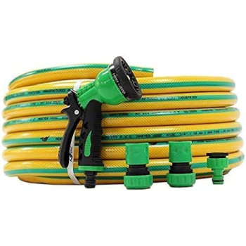 Abbasali Garden Water Hose Reinforced 1/2 Inch 25 Meter With Garden Shower And Reducers, Yellow