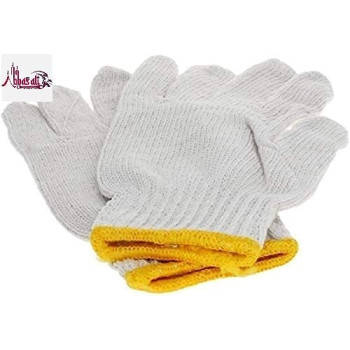 Abbasali Plain Gloves With Yellow Edge Washable Cotton Glove Protective Industrial Work Gloves 12 Pair