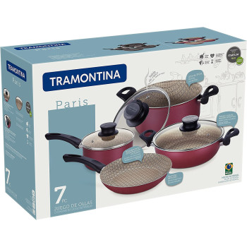Tramontina Paris Line Red 7 Piece Cookware Set Large Frying Pan Casserole Dish Skillet Sauce Pan And Nylon Utensils.