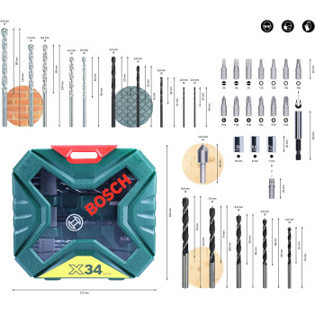 Bosch 34 Piece X Line Classic Drill Bit And Screwdriver Bit Set Wood Masonry And Metal Accessories For Drills