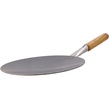 Taj Light Weight Iron Roti Concave Tawa With Wood Handle Black Beige Silver 12Inch