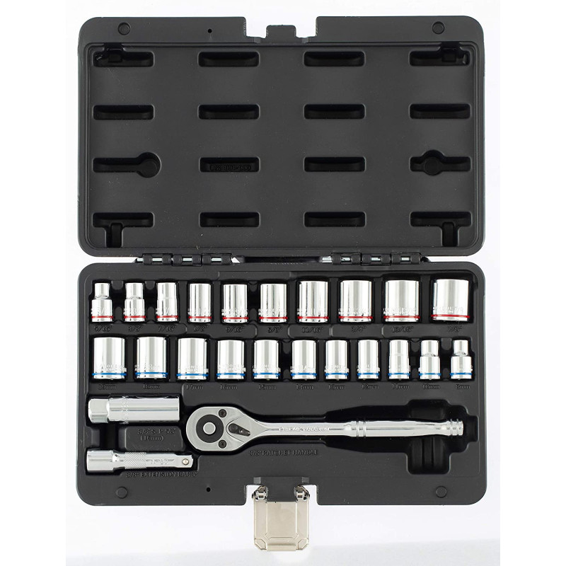 Denzel Tool Kit 24Pcs Socket Set [ Ratchet 3 8 ] [ 75Mm Extension Bar ] Metric And Sae 7714101