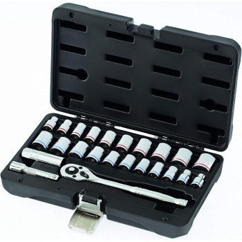 Denzel Tool Kit 24Pcs Socket Set [ Ratchet 3 8 ] [ 75Mm Extension Bar ] Metric And Sae 7714101